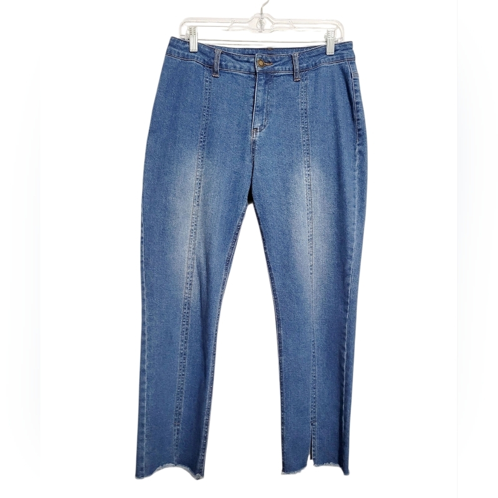 Slim-Sation by Multiples Womens Stretch Denim Jeans Size 10 Blue Raw Hem Stretch